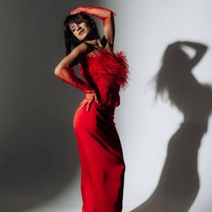 Ember | Pre-Order Custom Elegant Red Feather Strapless Evening Gown with Sheer Chiffon Gloves and Satin Skirt for Glamorous Cocktail Parties