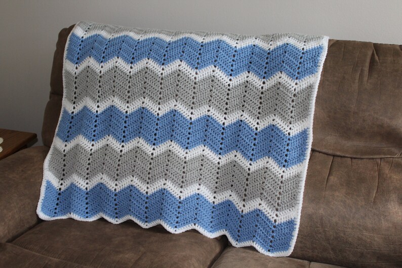 Crocheted Baby Blanket in Blue Gray and White Etsy