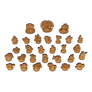 May include: A collection of wooden puzzle pieces, each cut into unique shapes depicting various fantasy characters. The pieces are light brown with detailed laser-cut designs, showcasing a variety of figures and scenes.