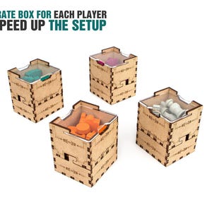 Organizer for Golem + Free Dice Tower. Needs base game box to be placed in. This Storage insert is an awesome hobby gift idea for game geek. Wooden laser cut accessory is perfect addition to board game party. Only trays without any components.