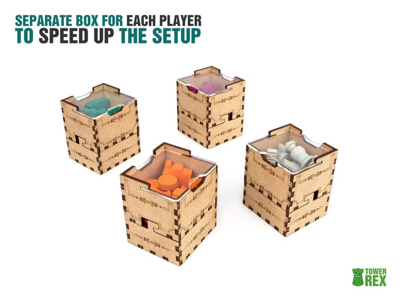 Organizer for Golem + Free Dice Tower. Needs base game box to be placed in. This Storage insert is an awesome hobby gift idea for game geek. Wooden laser cut accessory is perfect addition to board game party. Only trays without any components.
