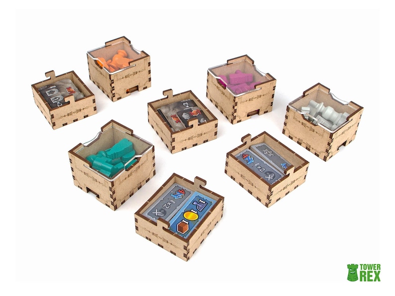 Organizer for Golem + Free Dice Tower. Needs base game box to be placed in. This Storage insert is an awesome hobby gift idea for game geek. Wooden laser cut accessory is perfect addition to board game party. Only trays without any components.