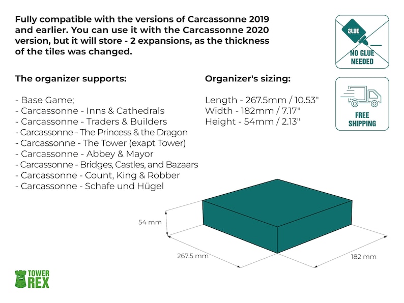 Organizer for Carcassonne 2019 and earlier + Expansions. Traders & Builders, The Tower, The Princess & the Dragon. Can store only 2 expansions with 2020 version. Needs game box. This insert is an awesome hobby gift idea for game geek. Game Accessory