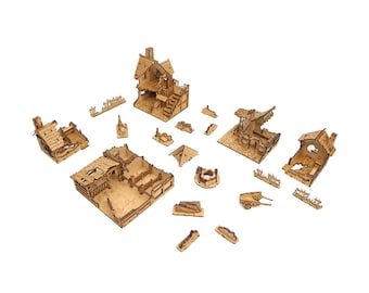 DND Terrain Set Fantasy Village Building Ruins, 28mm Scale Wooden Miniatures for Dungeons and Dragons, Pathfinder Warhammer TTRPG Accessory