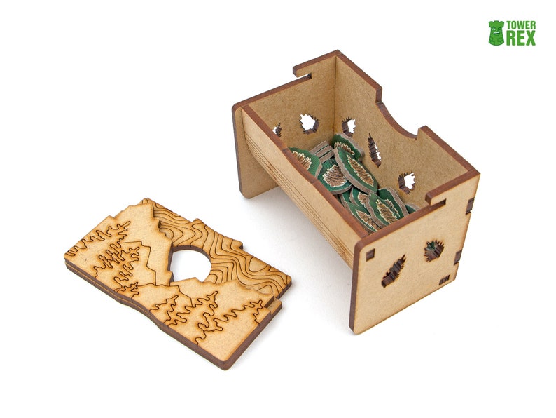 Organizer for Cascadia. Needs base game box to be placed in. This Storage insert is an awesome hobby gift for game geek. Wooden laser cut accessory is perfect addition to board game party. Only trays without any components. Check out tokens at store
