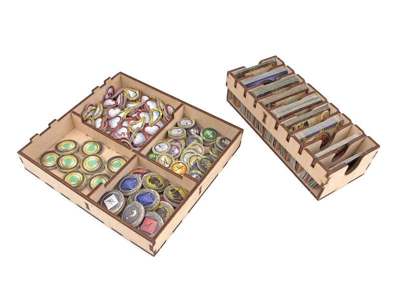 Organizer for Descent: Journey in the Dark 2nd edition. Needs base game box to be placed in. This Storage is an awesome hobby gift for game geek. Wooden laser cut accessory is perfect addition to board game party. Only insert without any components.