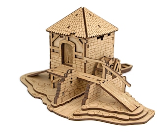 Watermolen DnD-terrein, 28 mm fantasiedorpgebouw, Pathfinder modulaire scenery, RPG miniatuurterrein, cadeau voor Dungeon Master