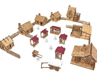 Dorpsterrein voor Dungeons & Dragons, 28 mm terrein, middeleeuws modulair HDF miniatuurterrein, Dungeons & Dragons, Pathfinder, cadeaus voor nerds
