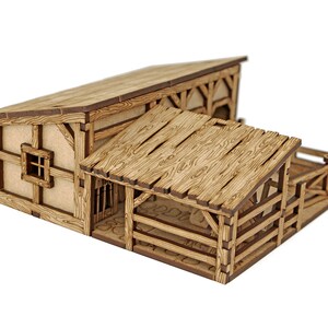 Dungeons and Dragons Terrain Stable. Medieval building scenery 28mm figures scale. Awesome DnD play mat. Unpainted extensions for your D and D battle map. Immersive hobby cheap gift idea for geeks. DnD tabletop accessory for GM