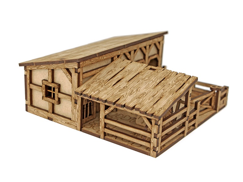 Dungeons and Dragons Terrain Stable. Medieval building scenery 28mm figures scale. Awesome DnD play mat. Unpainted extensions for your D and D battle map. Immersive hobby cheap gift idea for geeks. DnD tabletop accessory for GM