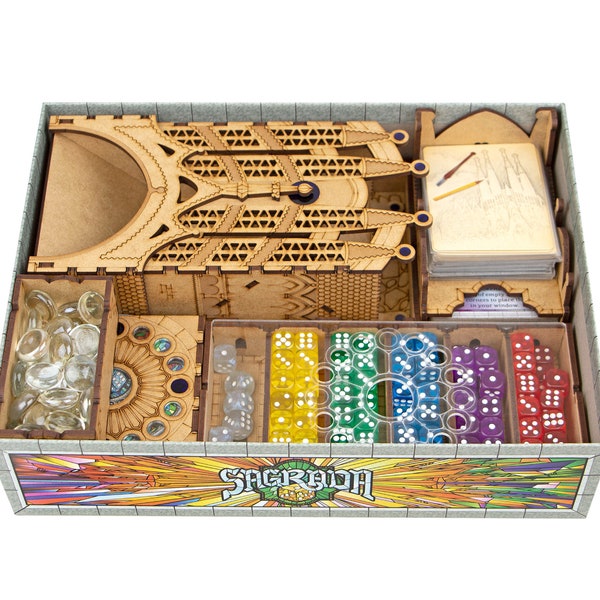 Insert suitable for Sagrada Board Game | Stained Glass Artisan's Organizer + Free Dice Tower | Sagrada + Expansion Storage Solution