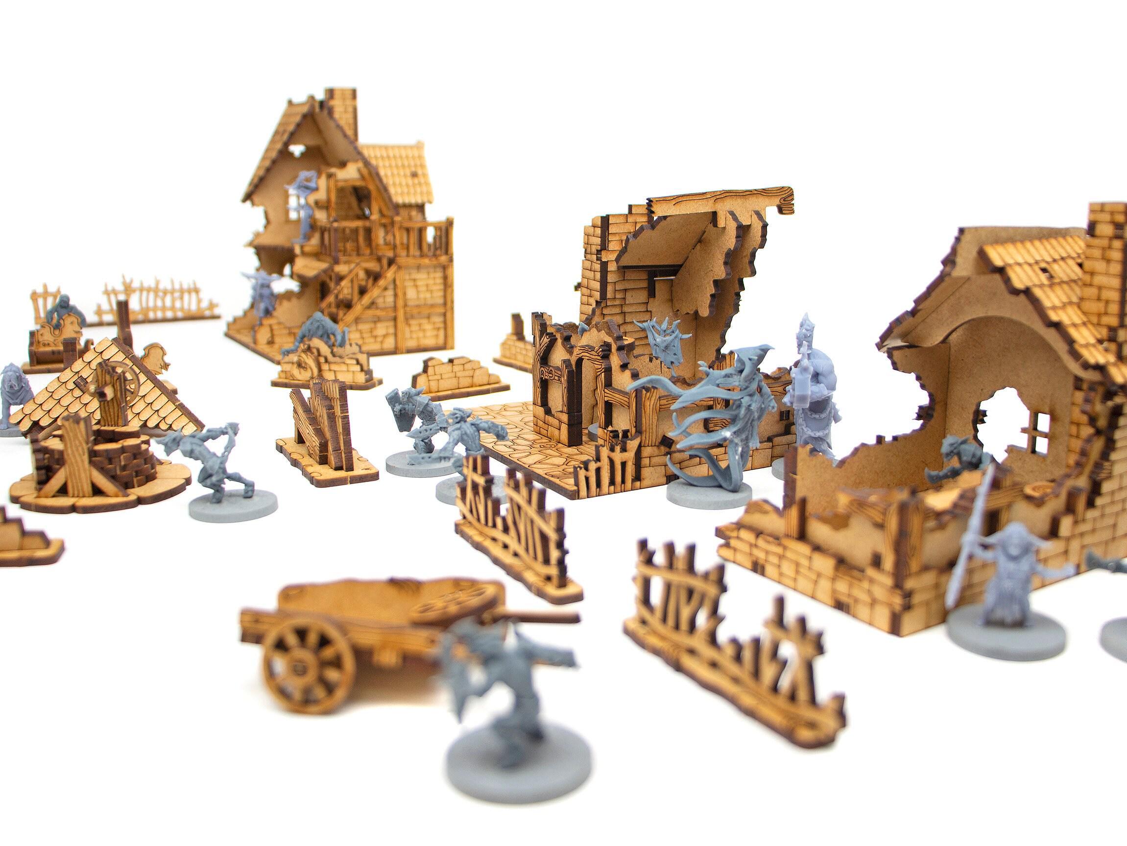 DND Terrain Set Fantasy Village Building Ruins, 28mm Scale Wooden ...