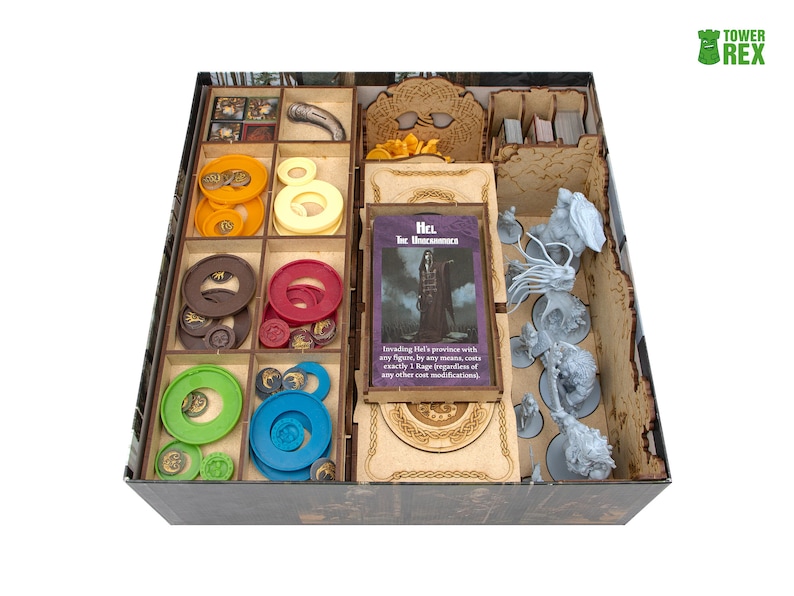 Organizer for Blood Rage + Expansions. The Mystics, Gods of Asgard,  5th Player. Needs game box. This Storage is an awesome hobby gift for game geek. Wooden laser cut accessory is perfect addition to board game party. Only insert without components