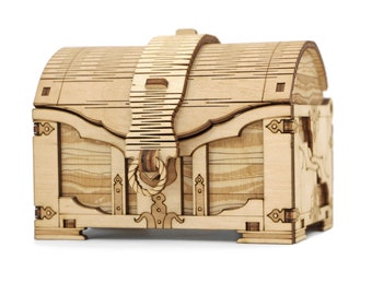 Cofre del tesoro con tarjetero, regalo para juegos de mesa, cofre del tesoro cortado a láser, cofre del tesoro de madera, caja de dados, portafichas, organizador de tarjetas