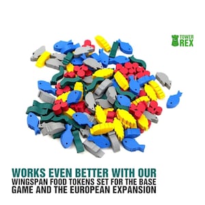 Organizer for Wingspan + Expansions. European, Oceania. Free dice tower, first player token. Needs game box. This Storage insert is an awesome gift for geek. Wooden accessory is perfect addition to board game party. Only trays without any components