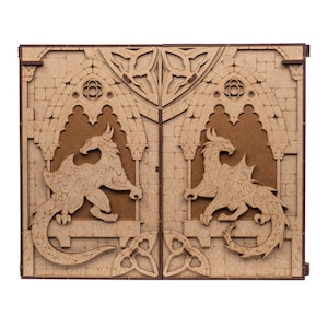 Dragon-themed DM screen with dual dice towers, initiative trackers, magnetic panels for notes, and storage compartments. Foldable for easy transport, it keeps your notes hidden, streamlines gameplay, making it perfect for D&D and other RPGs.