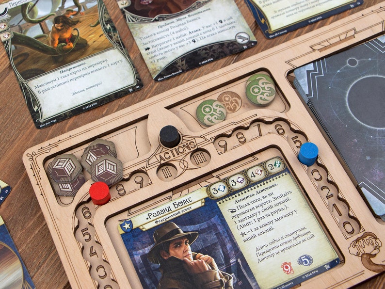 Organizer for Arkham Horror Revised LCG and 1 Full Cycle or 1 more Base Game. Needs one box. This Storage is an awesome hobby gift for game geek. Wooden laser cut accessory is perfect addition to board game party. Only insert without any components