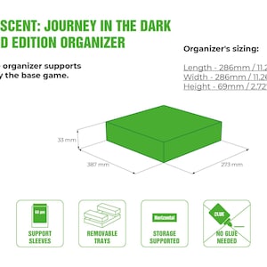 Organizer for Descent: Journey in the Dark 2nd edition. Needs base game box to be placed in. This Storage is an awesome hobby gift for game geek. Wooden laser cut accessory is perfect addition to board game party. Only insert without any components.