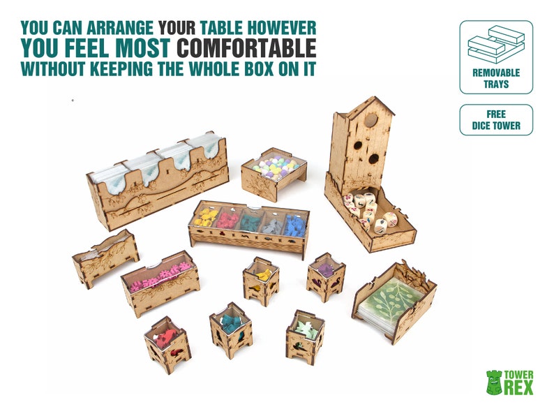 Organizer for Wingspan + Expansions. European, Oceania. Free dice tower, first player token. Needs game box. This Storage insert is an awesome gift for geek. Wooden accessory is perfect addition to board game party. Only trays without any components