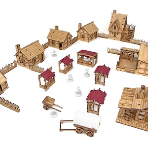 The Village DnD Terrain Set, 28mm Terrain, Medieval Modular HDF Miniature Terrain, Dungeons & Dragons, Pathfinder, TRPG, Tabletop Gamer Gift