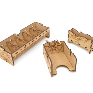 Organizer for Wingspan + Expansions. European, Oceania. Free dice tower, first player token. Needs game box. This Storage insert is an awesome gift for geek. Wooden accessory is perfect addition to board game party. Only trays without any components