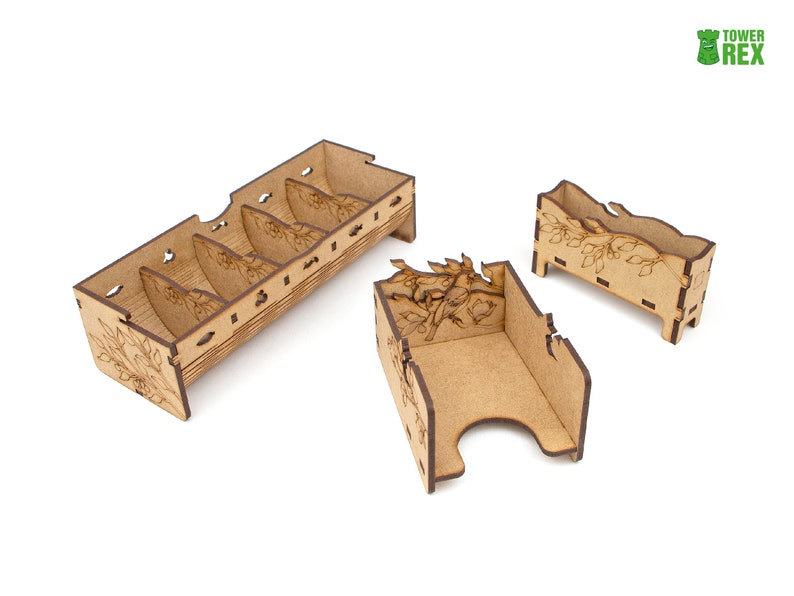 Organizer for Wingspan + Expansions. European, Oceania. Free dice tower, first player token. Needs game box. This Storage insert is an awesome gift for geek. Wooden accessory is perfect addition to board game party. Only trays without any components