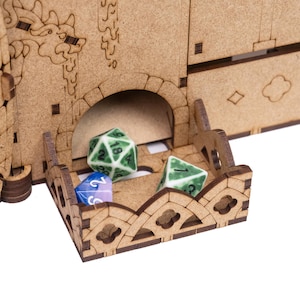 Dragon-themed DM screen with dual dice towers, initiative trackers, magnetic panels for notes, and storage compartments. Foldable for easy transport, it keeps your notes hidden, streamlines gameplay, making it perfect for D&D and other RPGs.