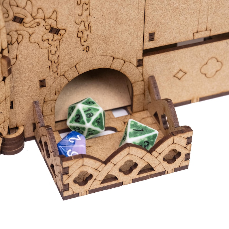 Dragon-themed DM screen with dual dice towers, initiative trackers, magnetic panels for notes, and storage compartments. Foldable for easy transport, it keeps your notes hidden, streamlines gameplay, making it perfect for D&D and other RPGs.