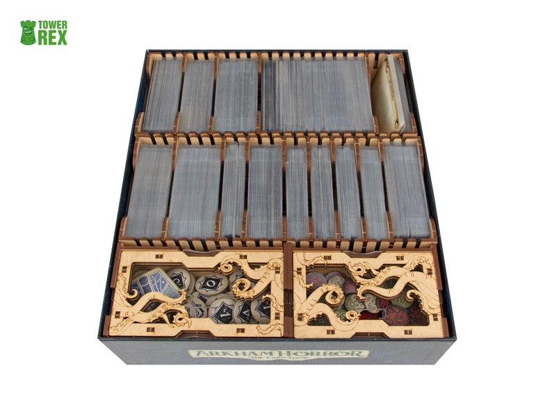 Organizer for Arkham Horror Revised LCG and 1 Full Cycle or 1 more Base Game. Needs one box. This Storage is an awesome hobby gift for game geek. Wooden laser cut accessory is perfect addition to board game party. Only insert without any components