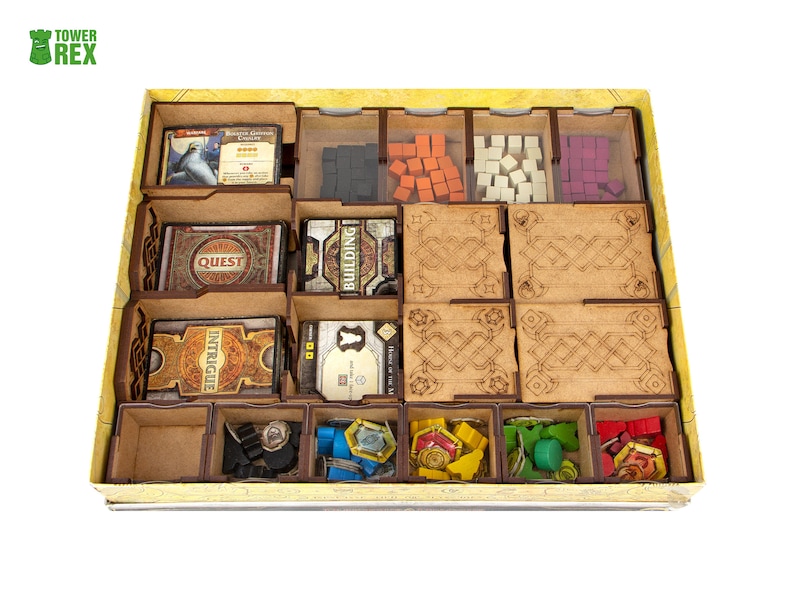 Organizer for Lords of Waterdeep + Expansion. Scoundrels of Skullport. Needs base game box. This Storage insert is an awesome gift for geek. Wooden laser cut accessory is perfect addition to board game party. Only trays without any components