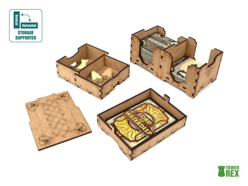 Organizer for Lords of Waterdeep + Expansion. Scoundrels of Skullport. Needs base game box. This Storage insert is an awesome gift for geek. Wooden laser cut accessory is perfect addition to board game party. Only trays without any components