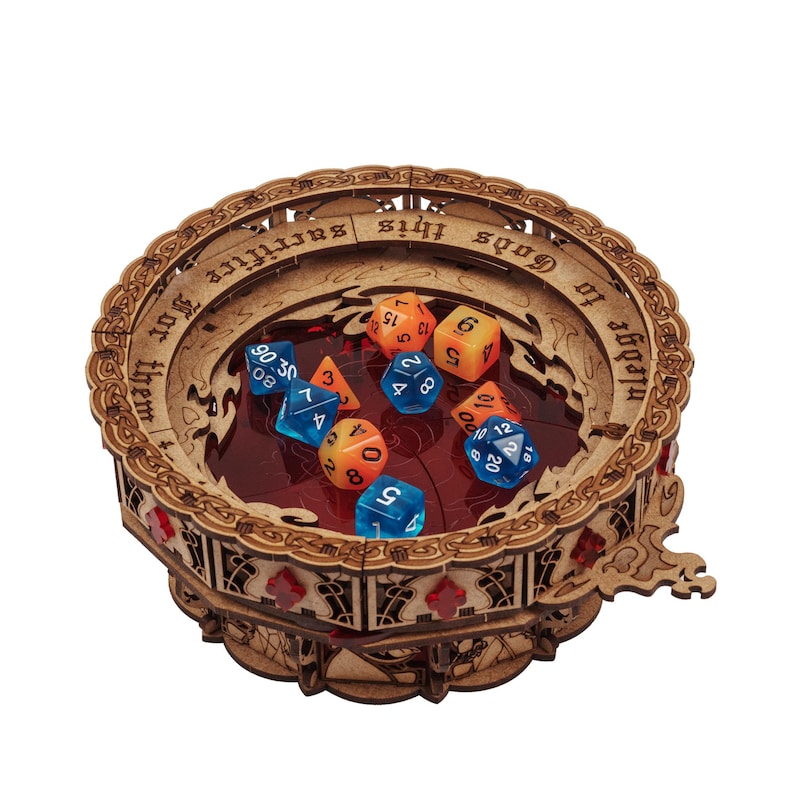 God's Grail Dice Jail is an awesome hobby gift idea for game geek. Wooden laser cut dice tray is perfect addition to board game party. Level up your experience with towerrex accessories. Only dice storage box without any dice. Not for metal dice