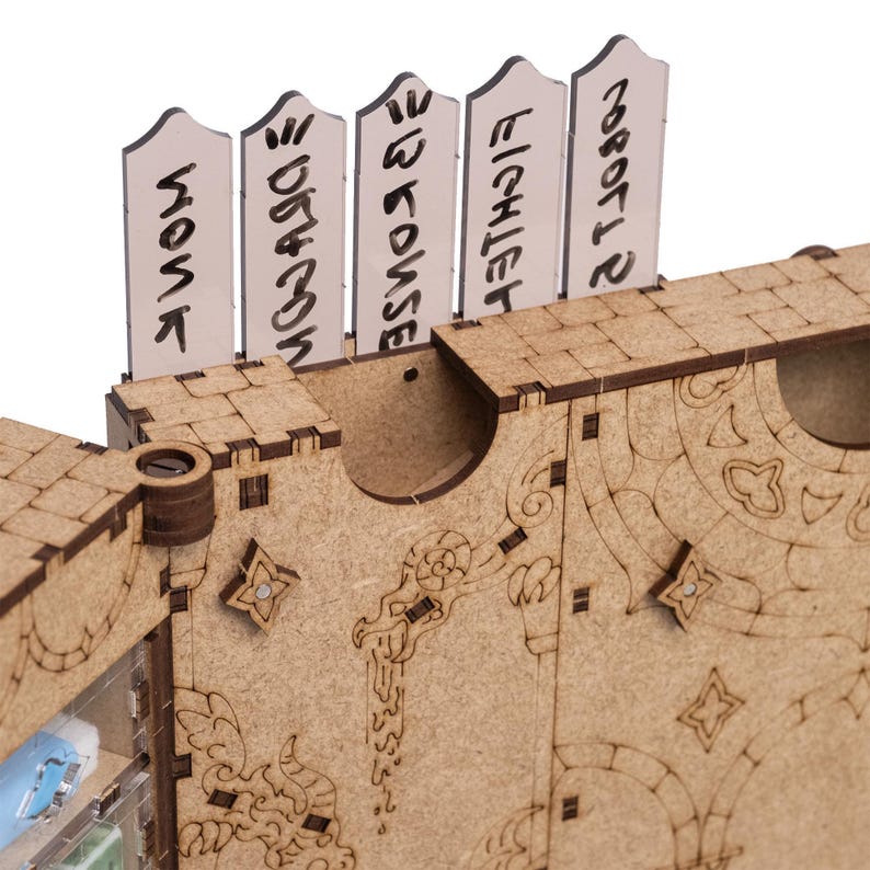 Dragon-themed DM screen with dual dice towers, initiative trackers, magnetic panels for notes, and storage compartments. Foldable for easy transport, it keeps your notes hidden, streamlines gameplay, making it perfect for D&D and other RPGs.