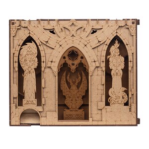 Dragon-themed DM screen with dual dice towers, initiative trackers, magnetic panels for notes, and storage compartments. Foldable for easy transport, it keeps your notes hidden, streamlines gameplay, making it perfect for D&D and other RPGs.