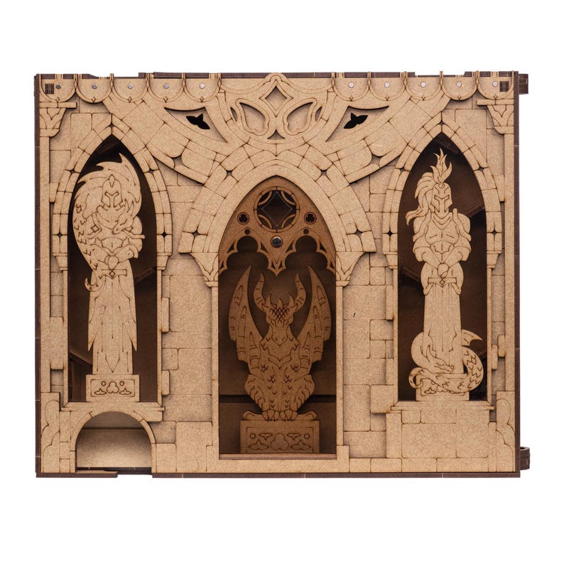 Dragon-themed DM screen with dual dice towers, initiative trackers, magnetic panels for notes, and storage compartments. Foldable for easy transport, it keeps your notes hidden, streamlines gameplay, making it perfect for D&D and other RPGs.