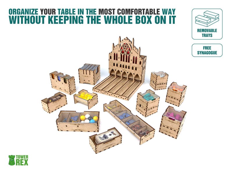 Organizer for Golem + Free Dice Tower. Needs base game box to be placed in. This Storage insert is an awesome hobby gift idea for game geek. Wooden laser cut accessory is perfect addition to board game party. Only trays without any components.