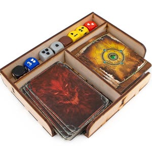 Organizer for Descent: Journey in the Dark 2nd edition. Needs base game box to be placed in. This Storage is an awesome hobby gift for game geek. Wooden laser cut accessory is perfect addition to board game party. Only insert without any components.