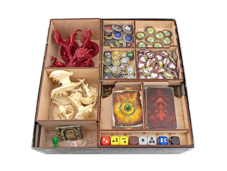Organizer for Descent: Journey in the Dark 2nd edition. Needs base game box to be placed in. This Storage is an awesome hobby gift for game geek. Wooden laser cut accessory is perfect addition to board game party. Only insert without any components.