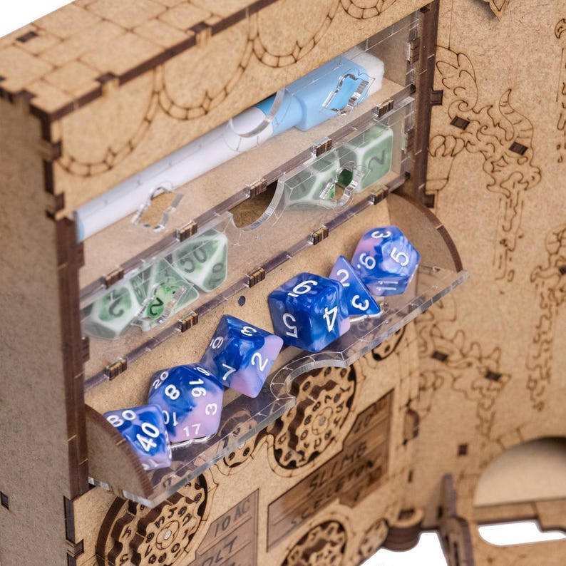Dragon-themed DM screen with dual dice towers, initiative trackers, magnetic panels for notes, and storage compartments. Foldable for easy transport, it keeps your notes hidden, streamlines gameplay, making it perfect for D&D and other RPGs.