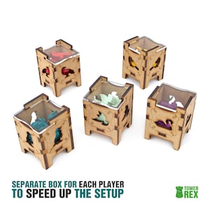 Towerrex Organizer for Wingspan + Expansions. European, Oceania. Free dice tower, first player token. Needs game box. This Storage insert is an awesome gift for geek. Wooden accessory is perfect addition to board game party. Only trays without any components