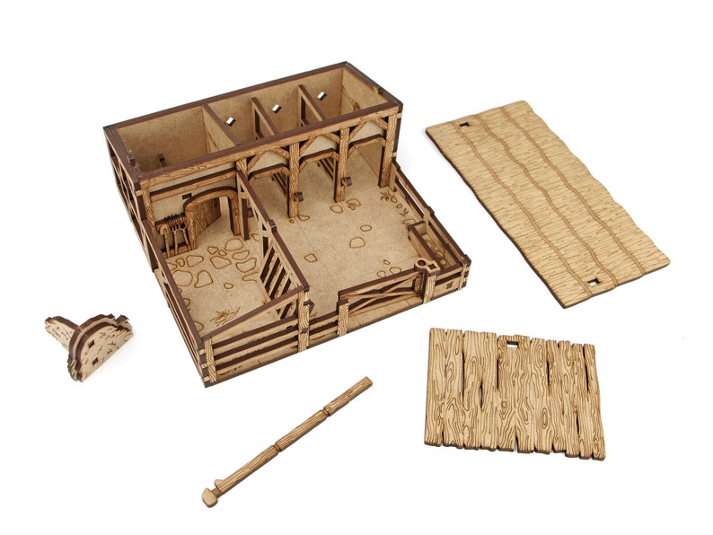 Dungeons and Dragons Terrain Stable. Medieval building scenery 28mm figures scale. Awesome DnD play mat. Unpainted extensions for your D and D battle map. Immersive hobby cheap gift idea for geeks. DnD tabletop accessory for GM