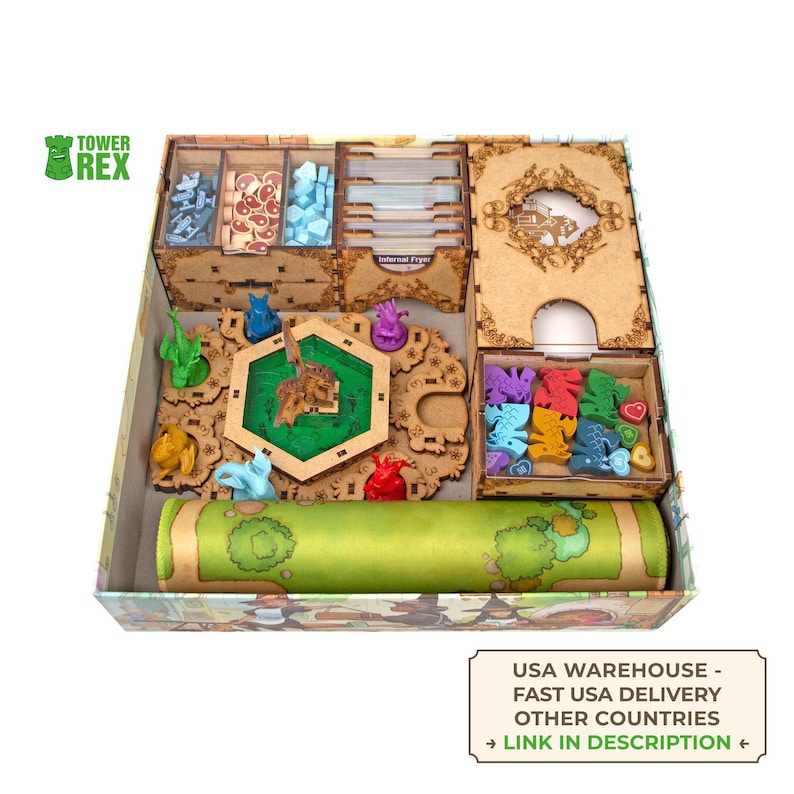 Organizer for Flamecraft with 7 Dragons Tray, Insert Compatible with Board Game or with Tokens, Kickstarter Upgrade, Nerdy Gifts