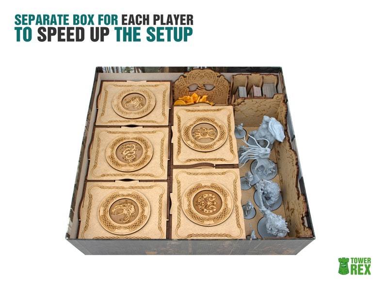 Organizer for Blood Rage + Expansions. The Mystics, Gods of Asgard,  5th Player. Needs game box. This Storage is an awesome hobby gift for game geek. Wooden laser cut accessory is perfect addition to board game party. Only insert without components