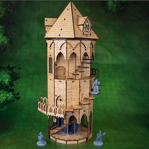 May include: A multi-level wooden tower model featuring a conical roof, stone-textured walls, arched doorways, and an external spiral staircase. The structure includes a balcony and is accompanied by three small blue plastic fantasy character figurines.