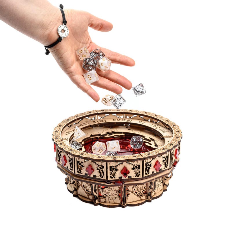 God's Grail Dice Jail is an awesome hobby gift idea for game geek. Wooden laser cut dice tray is perfect addition to board game party. Level up your experience with towerrex accessories. Only dice storage box without any dice. Not for metal dice