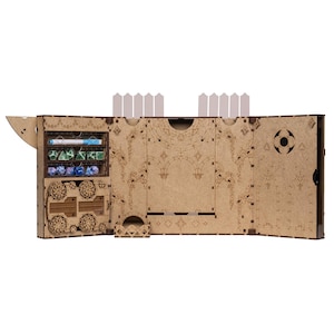 Dragon-themed DM screen with dual dice towers, initiative trackers, magnetic panels for notes, and storage compartments. Foldable for easy transport, it keeps your notes hidden, streamlines gameplay, making it perfect for D&D and other RPGs.