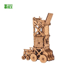 May include: A light brown wooden dice tower model featuring intricate gear mechanisms, a tall vertical structure with a hinged top panel, and a wheeled base. The Tower Rex logo is visible in the top left corner of the image.