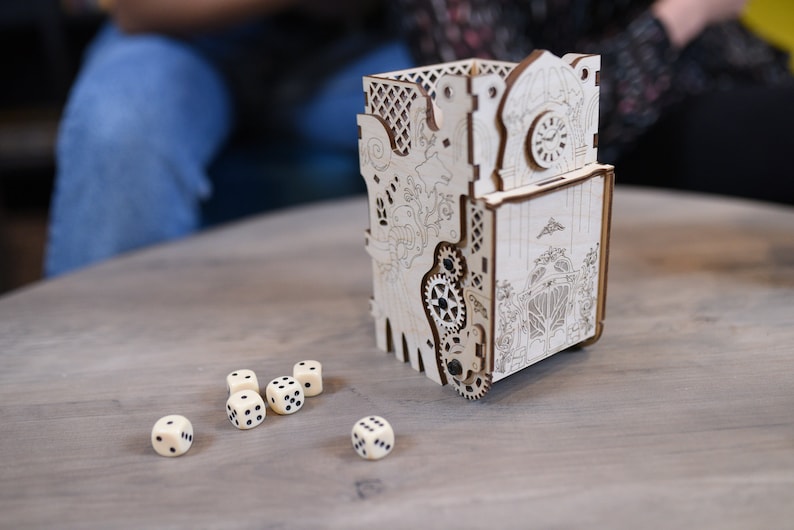 Steampunk Dice Tower is an awesome hobby gift idea for game geek. Wooden laser cut dice roller is perfect addition to board game party. Level up your experience with towerrex accessories. Only tray without any dice