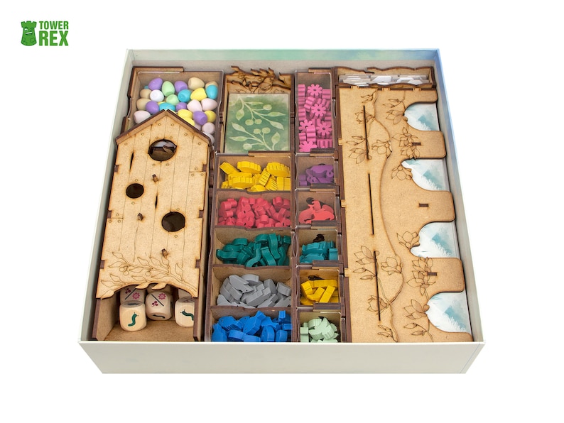 Organizer for Wingspan + Expansions. European, Oceania. Free dice tower, first player token. Needs game box. This Storage insert is an awesome gift for geek. Wooden accessory is perfect addition to board game party. Only trays without any components