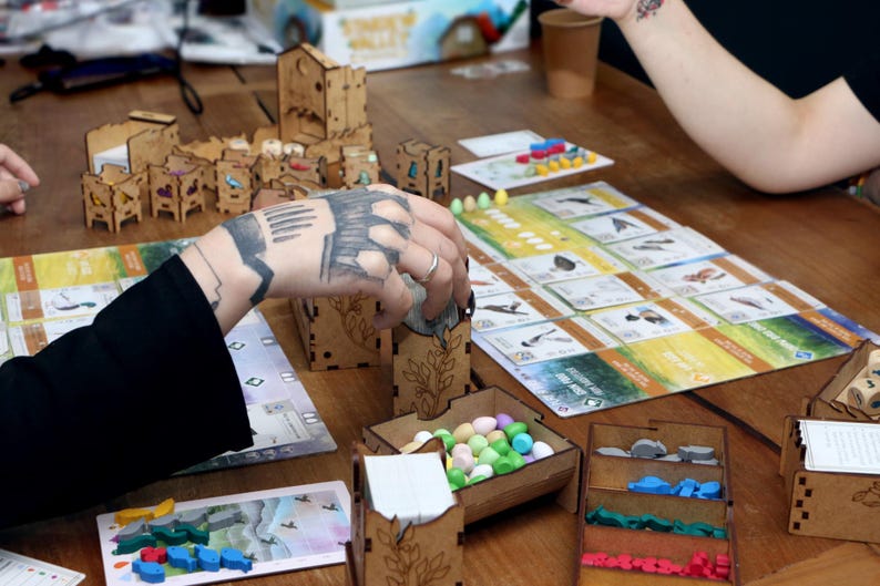 May include: A tabletop board game setup featuring laser-cut wooden organizers, card holders, and trays filled with small colorful egg-shaped tokens. The game board displays various bird illustrations, while players interact with the wooden components.